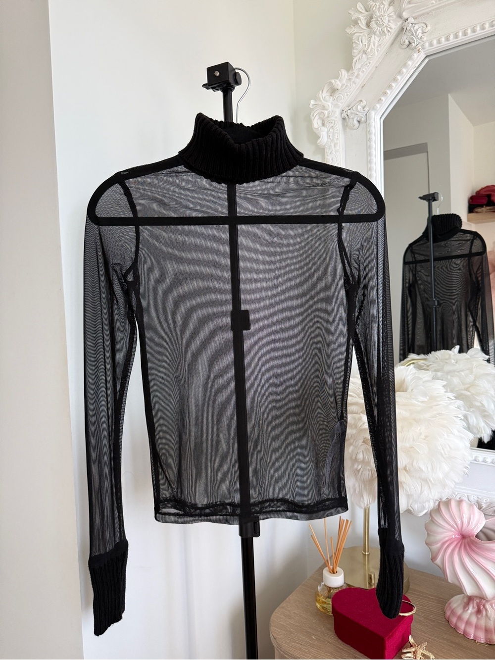 Zara Black Sheer Mesh Turtleneck Long-Sleeve Top